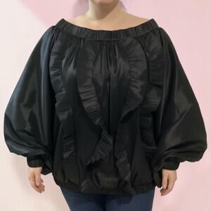 Love Highlight Black Taffeta Ruffle Front Blouse Oversized Dolman Sleeve 2XL/3XL